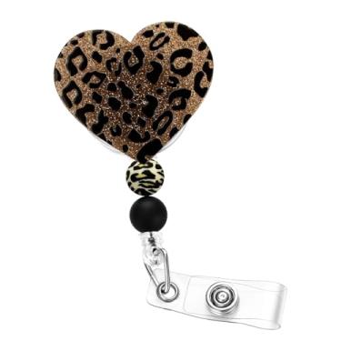 Imagem de Soleebee Carretel de crachá de enfermeira de oncinha e coração, porta-crachá retrátil marrom com estampa de contas fofas, clipe de crachá de identificação com clipe de jacaré giratório para estudantes