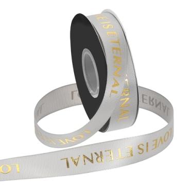 Imagem de PATIKIL Fita de gorgorão personalizada, 2,5 cm x 1,5 m, fita de poliéster Love is Eternal para festas de fim de ano, decoração de casamento, embrulho de presente, cinza
