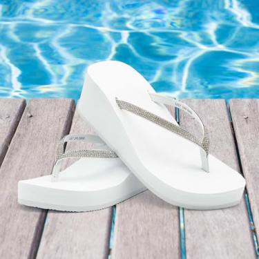 Imagem de Sandálias femininas com strass, chinelos, plataforma, chinelos de cunha, sapatos de casamento, caminhada na praia, Branco, 35