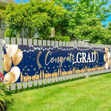 Imagem de Banner grande azul e dourado para graduação para quintal parabéns graduação classe de 2025 placa para festa de ensino médio ao ar livre interior decoração de banner de formatura varanda 2026
