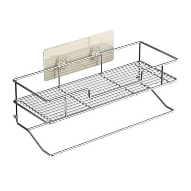 Imagem de KHUTRW3D Rack de armazenamento de chuveiro, prateleira de banheiro com toalheiro, prateleiras de chuveiro de aço inoxidável sem perfuração, suporte de chuveiro removível montado na parede, suporte de