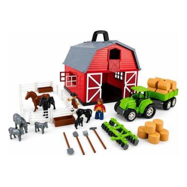 Imagem de Kit Playset Fazendinha Infantil com Trator, Celeiro, Animais e Bonecos