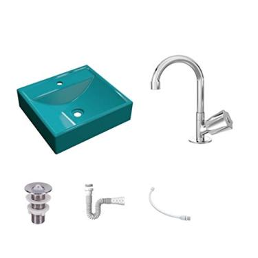 Imagem de Kit Cuba Q39 C/Torneira C50 e Válvula 1'' ABS + Sifão Pvc + Flexível Azul Turquesa