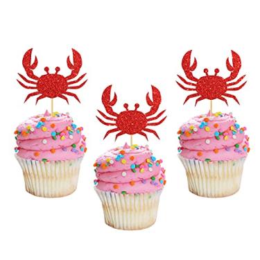 Imagem de MonMon & Craft 24 peças de topo de cupcake de caranguejo para aniversário de crianças / festa de divórcio individual / partida / decorações de bolo de festa tema lagosta do oceano / enfeites de cupcake luau com glitter vermelho