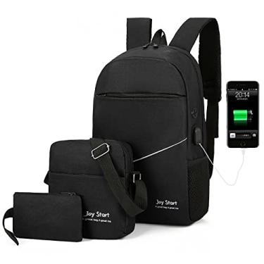 Imagem de Mochila para laptop 3 peças/conjunto masculino casual grande capacidade mochila esportiva carregamento USB 15,6 polegadas computador viagem de negócios diurna, preto, 43 * 29 cm