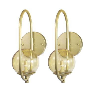 Imagem de Kit 2 Arandela Parede ONLINE  DOURADO Globo de Vidro AMBAR