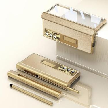 Imagem de Com S Pen Fold 4 Capa de couro revestida para Samsung Galaxy Z Fold 3 2 5 360 Protetor de tela cheia com suporte magnético capa de telefone, lichia dourada, para Samsung Fold 3