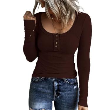 Imagem de KINLONSAIR Camisetas femininas Henley de manga comprida com botões, caimento justo, gola canoa, malha canelada, A2-chocolate, GG