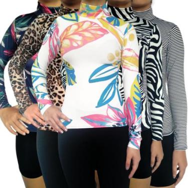 Imagem de Kit 5 Blusinhas Femininas Gola Alta Manga Longa Justas Estampas Sortid