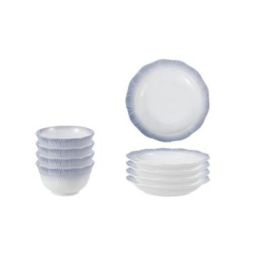 Imagem de Conjunto de tigela e prato com padrão de renda criativo e personalizado, prato redondo de cerâmica de arroz simples doméstico - Azul Jianshi - 4 tigelas e 4 pratos