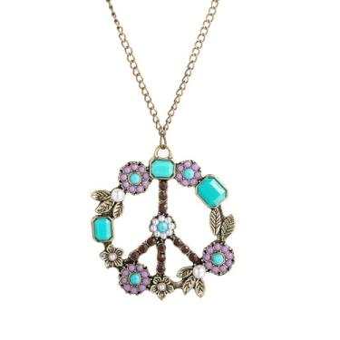 Imagem de Colar com pingente de sinal de paz estilo hippie boêmio para acessórios de festa dos anos 60 e 70 usando joias à beira-mar, 5.3cm, Liga de aço, Zircão