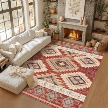 Imagem de Tapete de área Boho lavável, 20 x 25 cm, vermelho ocidental, boho, grande, para sala de estar, geometria, antiderrapante, colorido, decoração interna, macio, oriental, vintage, quarto, sala de jantar