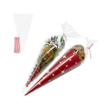 Imagem de EKAPACKAGING Sacos de celofane em forma de cone transparente, 100 peças, 17 x 38 cm, laço torcido, triângulo, lembrancinha de festa de Natal, sacos de algodão doce com laços para pipoca, chocolates,