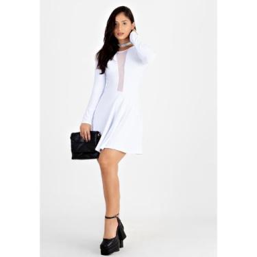Imagem de Vestido Godê Manga Longa com Decote em Tulê - RACY, BRANCO, PP