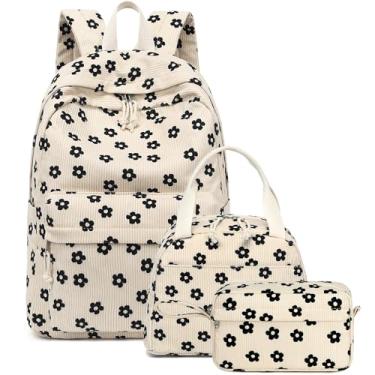 Imagem de Bluboon Conjunto de mochila para adolescentes, mochila escolar, lancheira 3 em 1, Flor preta bege, 12" x 6.5" x 17", Escola