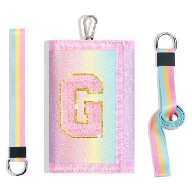 Imagem de cotmcor Carteiras infantis para meninas, adolescentes, 6-8, 8-10 anos, linda bolsa infantil com inicial de rebanho, bolso para moedas, glitter, arco-íris, carteira transversal para presentes de