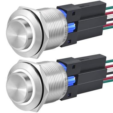 Imagem de 2 peças interruptor de botão redondo de 22 mm de altura, à prova d'água, IP67, liga e desliga, aço inoxidável com luz LED de 24 V para orifício de montagem de 7/20.3 cm com fio mantido (branco, trava
