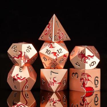 Imagem de HNCCESG Dragon Metallic Polyhedral Dice Set, 7-Piece Zinc Alloy Dice for Fantasy RPG,Ancient Gold with Red Dragon Design, for Tabletop RPG Lovers