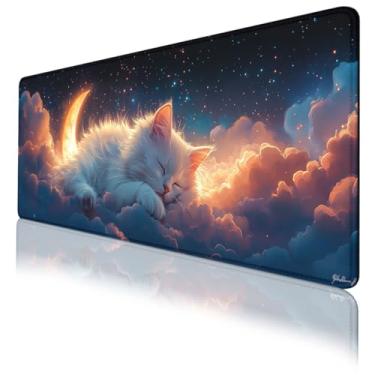 Imagem de Mouse pad lua crescente, gato branco fofo, nuvens macias, estrelas, mouse estendido, bordas costuradas à prova d'água, base de borracha, antiderrapante, tapete de teclado de computador 80 x 30 cm