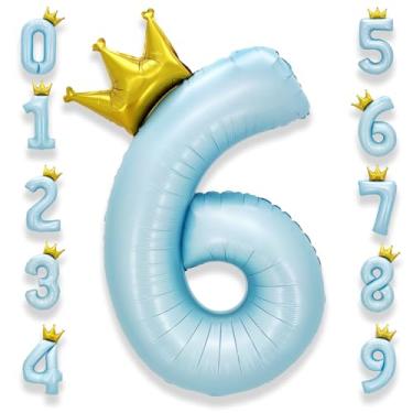 Imagem de AULE 101 cm grande azul claro número de 6 balões com coroa grande número de hélio balões 0-9 jumbo gigante feliz 6º aniversário decorações de festa enorme Mylar artigos de festa de aniversário