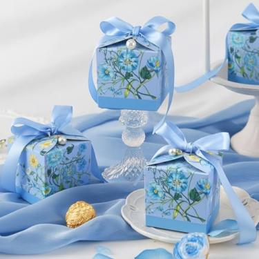 Imagem de 6 peças de caixas de papel de presente com estampa de flores azuis com design floral decorativo de pérolas, perfeitas para lembrancinhas de festa e casamento