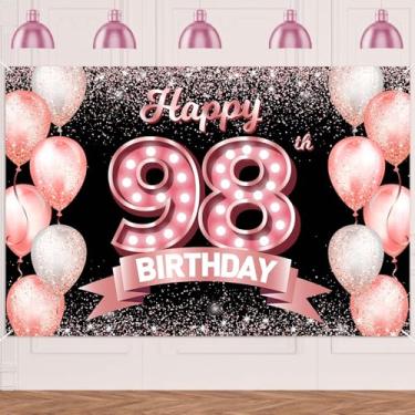 Imagem de Happy 98th Birthday Rose Gold Banner Backdrop Cheers to 98 Years Old Confetti Balloons Theme Decor Decorações para Mulheres 98 Anos Rosa Aniversário Festa Bday Supplies Fundo Favores Presente Glitter