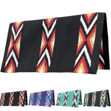 Imagem de Majestic Ally Cobertor de sela ocidental, design de diamante Canyon, lã da Nova Zelândia, aderência de cavalo tecida à mão, 91 x 86 cm (preto vermelho)