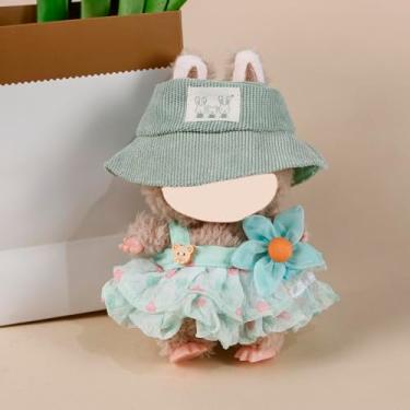 Imagem de Compatível com Labubu (sem boneca) – Chapéu balde de malha menta + vestido de babados transparentes + clipe de flores para bonecas de pelúcia de 15 cm/17 cm, roupa de jardim pastel (menta)
