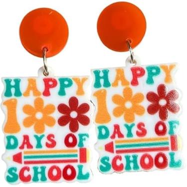 Imagem de Brincos coloridos para professores alunos, primeiro dia de aula, acrílico, letra de madeira, brincos de gota de volta às aulas, presentes de apreciação do professor, Resina Acrílico Madeira, Sem pedra preciosa