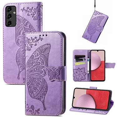 Imagem de Capas de telefone borboleta em relevo para Samsung Galaxy A14 A 14 5G capa de couro com slots para cartão fashion clipe de carteira à prova de choque capa de telefone Samsung A14 5G capas (roxo claro, Samsung A14 5G)