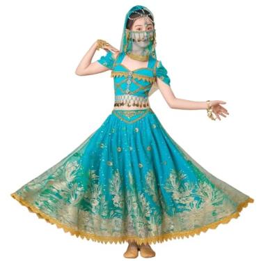 Imagem de TLMNU Fantasia de dança do ventre menina jasmim princesa indiana fantasia de dança do ventre etiqueta 140 A3 azul
