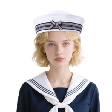 Imagem de JIAHG Chapéu de marinheiro vintage náutico boina com laço listrado fofo fantasia cosplay para meninas para festa de Halloween, Branco com laço listrado, tamanho �nico