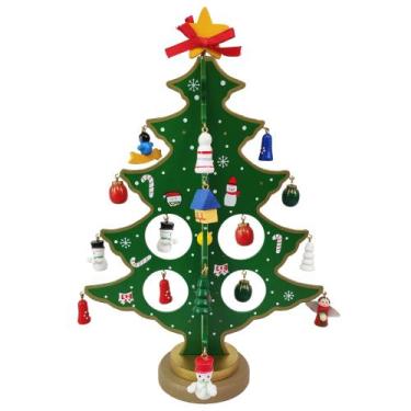 Imagem de Arvore de Natal 3D Madeira com Enfeites Natalino Papai Noel Boneco de 