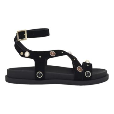 Imagem de Sandália Papete Feminina Gladiadora Suede Napa Tiras Enfeite Meia Esfera Fivela Confortável Moda (Preto, BR, Adulto, Numérico, 39)