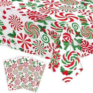 Imagem de Toalha de mesa de plástico de 3 peças de Natal de 137 x 272 cm – Capas de mesa retangulares descartáveis vermelhas e verdes com design de bengala doce e pirulito para celebrações de Natal e inverno