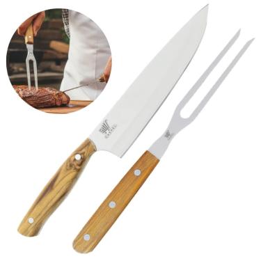 Imagem de Kit Para Churrasco Garfo e Faca Tala 8 Com Cabo de Madeira Carmel Imports