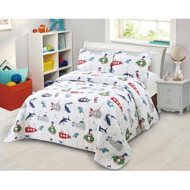 Imagem de Kids Zone Collection Conjunto de cama infantil submarino para crianças/adolescentes, branco, acolchoado, com estampa de vida marinha, casal/queen novo # Submarino
