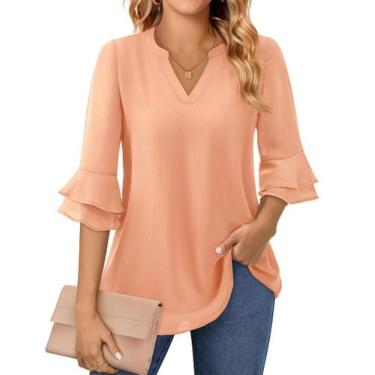 Imagem de Blusa feminina Uhiger, manga 3/4, decote em V, laranja, rosa, tamanho 