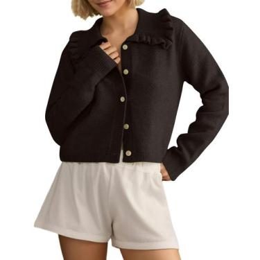 Imagem de Suéter, cardigã, Ythomm, feminino, gola com babados, botão, preto