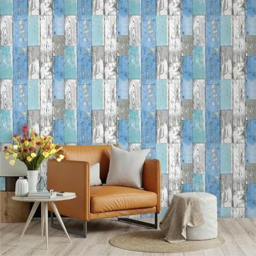 Imagem de Papel de parede retrô 3D imitação de grão de madeira PVC autoadesivo parede e móveis adesivo de proteção azul verde grão de madeira 45 * 300 cm