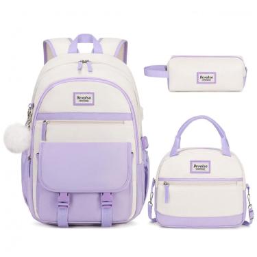 Imagem de Mochila escolar juvenil Bevalsa roxa e bege com estojo e lancheira 45 cm e porta USB