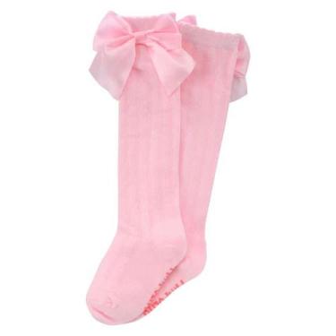 Imagem de Meia Infantil Menina 3/4 Lisa Com Laço rosa preto e branco Feminino Pi