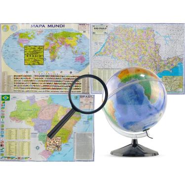 Imagem de Kit Globo Terrestre Profissional Mondo 30cm + Lupa +  Mapa do Brasil + Mapa Mundi + Mapa do Estado de SP