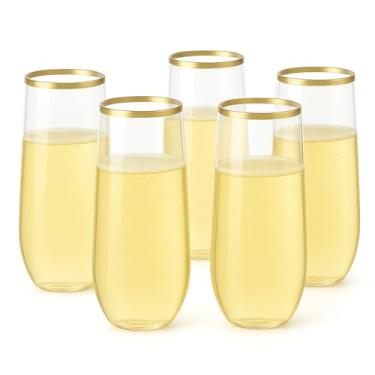 Imagem de Oojami Pacote com 48 taças de champanhe de plástico sem haste com aro dourado – Copos descartáveis transparentes de 255 g – Materiais para eventos recicláveis e inquebráveis sem BPA para casamentos