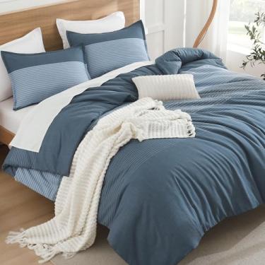Imagem de Litanika Conjunto de edredom azul neblina Super King Plus – Conjunto de cama leve, cinza escuro, listrado, fofo, 3 peças, conjunto de cama para todas as estações