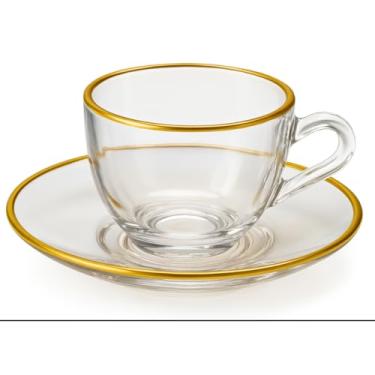 Imagem de Conjunto de Xícaras de Café em Vidro Iridescente Furta-cor com Pires Borda Dourada 85ml