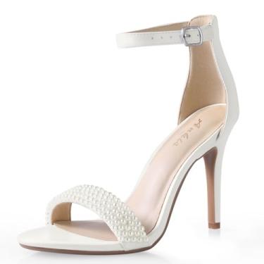 Imagem de Ankis Sandálias de salto alto femininas de 10 cm, salto agulha preto nude dourado, bico aberto, tira no tornozelo, sandálias de salto para festas de casamento elegantes, Pérola branca, 40