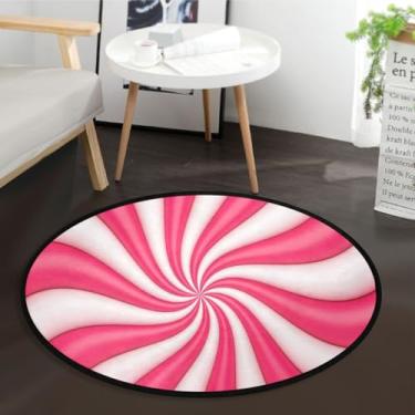 Imagem de Tapete redondo de Natal rosa bengala doce de 0,9 m, lavável para quarto, sala de estar, rosa, branco, espiral, círculo, tapete antiderrapante, tapete para decoração de banheiro, cozinha, dormitório