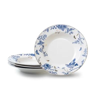 Imagem de KAITOER Conjunto de 4 tigelas de sopa e massa, tigelas de cerâmica, tigelas de jantar, pratos, porcelana, 23 cm de largura, conjunto de utensílios de jantar florais, pratos de massa, ideal para servir