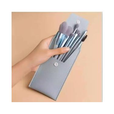 Imagem de Conjunto de 8 peças de mini pincéis de maquiagem – Pincéis cosméticos de cerdas macias tamanho viagem para iniciantes (azul)